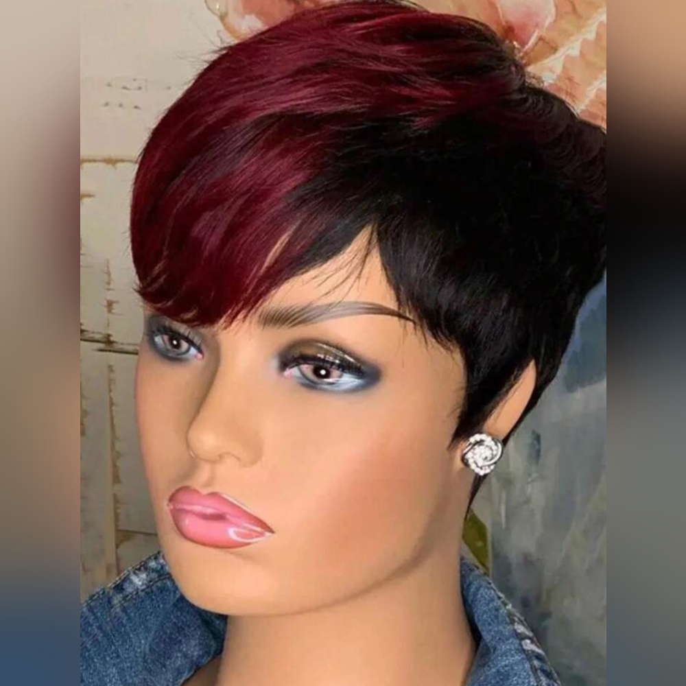 Short Wavy Pixie Cut Wig with bangs,  Burgundy / Natural Black